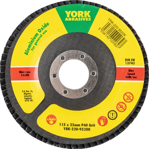 York Flap Disc, 115 x 22.23mm, Conical (Type 29), P40, Aluminium Oxide