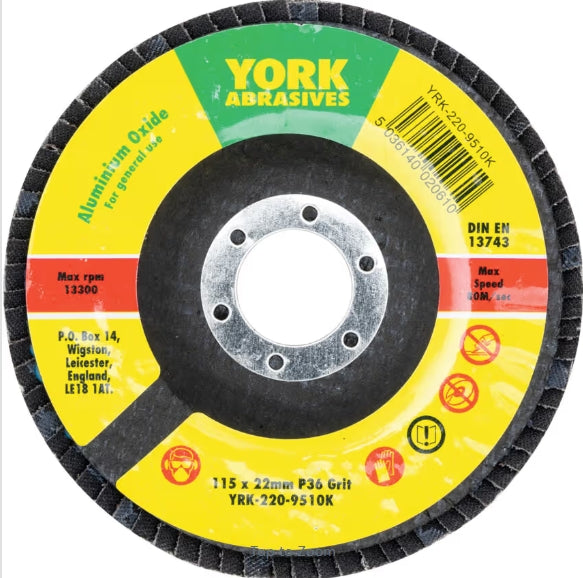 York Flap Disc, 115 x 22.23mm, Conical (Type 29), P36, Aluminium Oxide